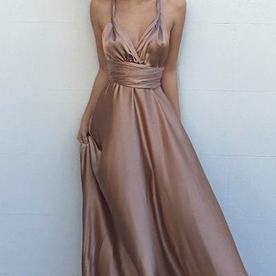 Fashion A-Line V-Neck Criss-Cross Straps Pleated Long Champagne Prom/Evening Dress