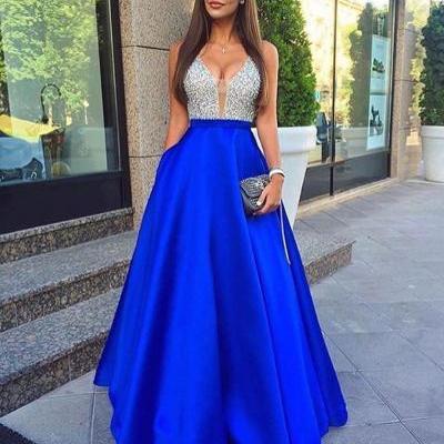 Glamorous Deep V-Neck Long Royal Blue Prom Dress with Beading