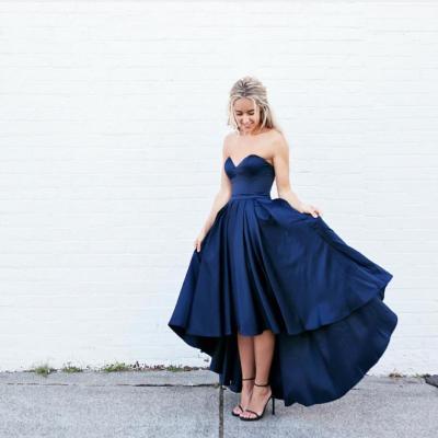 Simple A-Line Sweetheart High-Low Navy Blue Prom/Evening Party Dress with Pleats