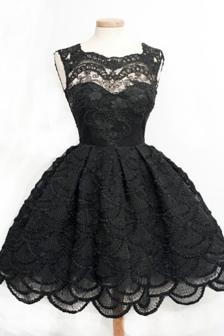 Classic Square Knee-length Sleeveless Black Lace Homecoming Dress on Luulla