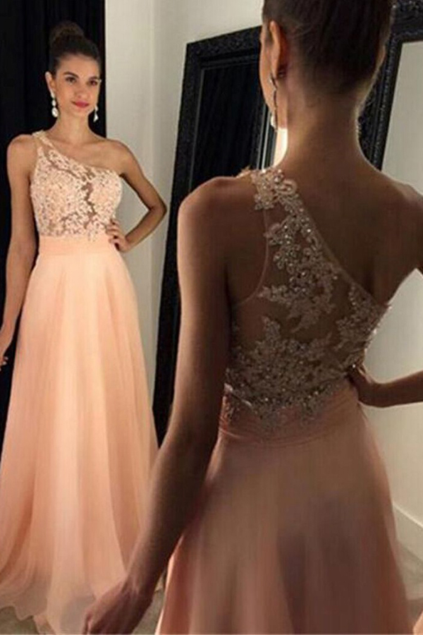 Special Aline One Shoulder Peach Pink Prom Dress With Beaded Lace on