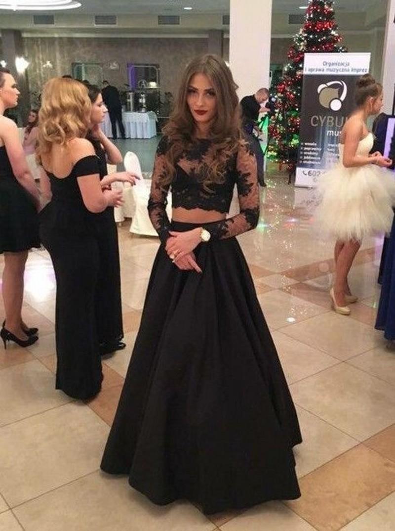 Elegant Two Piece A Line Long Sleeves Black Prom Dress With Lace Appliques On Luulla